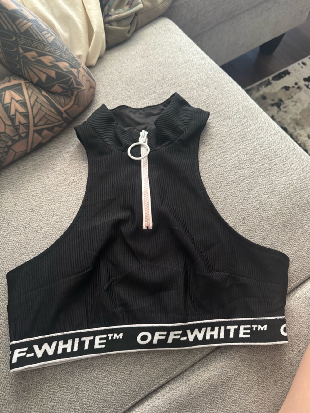 Off-White Black Ribbed High-Neck Crop Top with Logo Band